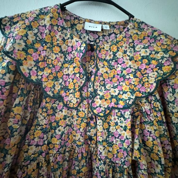 Vila Floral Puff Sleeve Peasant Coquette Mini Dress Ruffled Collar - Picture 2 of 7